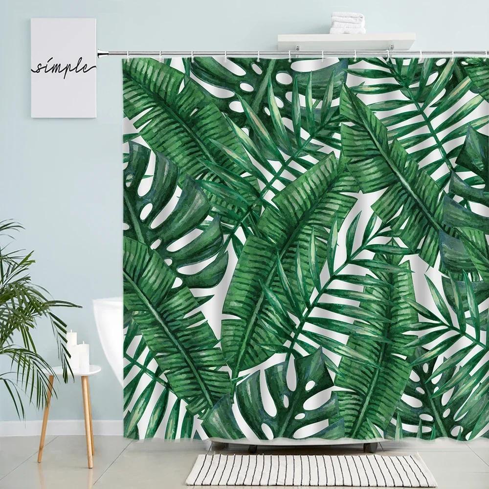 

Tropical Monstera Palm Leaves Shower Curtains Watercolor Banana Leaf Green Plants Bath Curtain Waterproof Fabric Bathroom Decor W60H190(CM)-1 Pcs
