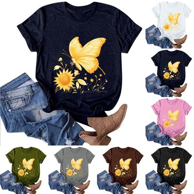 Moda feminina casual estampado gola redonda pulôver manga curta camiseta top