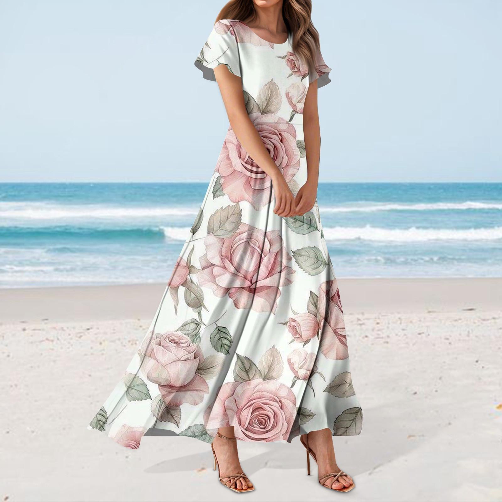 

Женское повседневное платье с гавайским принтом, круглым вырезом, короткими рукавами и высокой талией XXL розовый