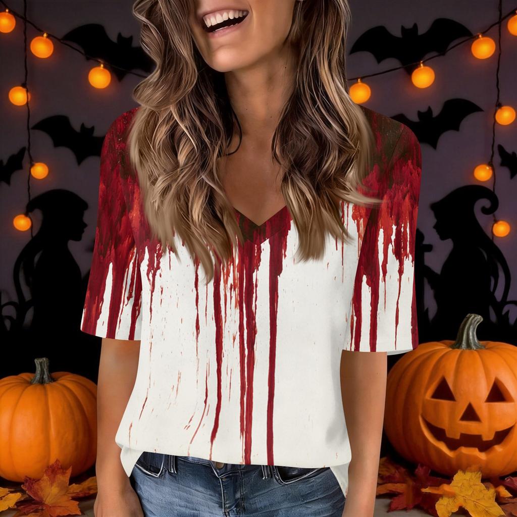 Women's V-Neck Short Sleeve Halloween Print Casual Top