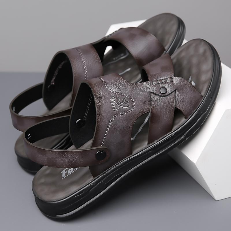 Men Black Leather Sandals Simple Flats Summer Brown Outdoor Hiking Sandals Outdoor Wide Beach Shoes for Father Over Sized