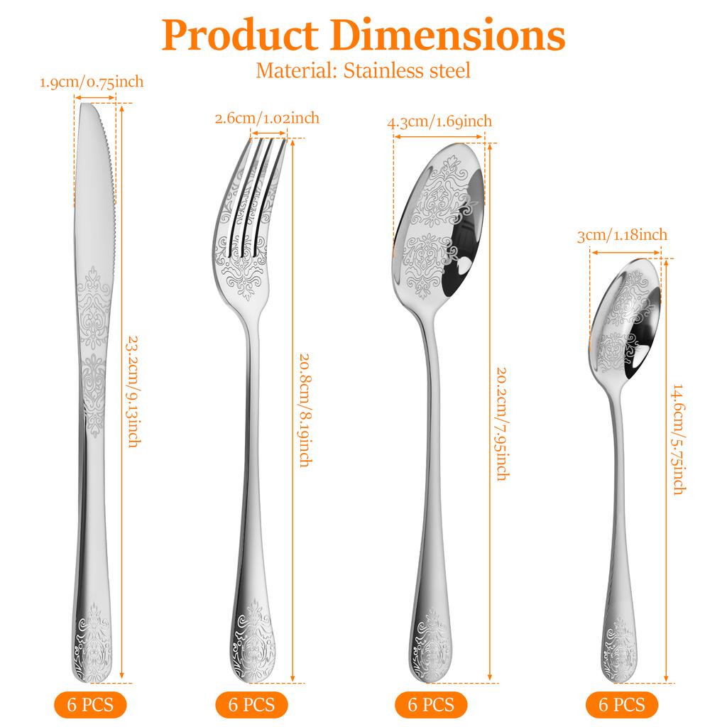 20/24Pcs Vintage Carved Silverware Stainless Steel Flatware Set with Knife/Fork/Spoon Modern Embossed Cutlery Kitchen Utensils