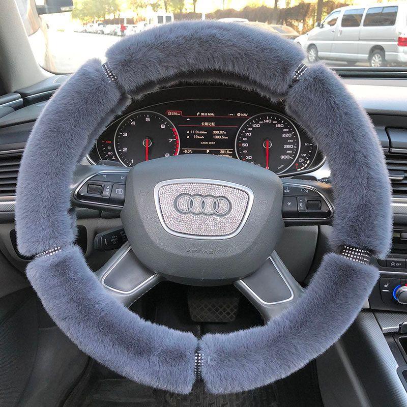 Car Steering Wheel Cover Winter Plush Female Korean Cute Universal Fashion Pink Gray Black Diamond-Studded Handlebar Cover