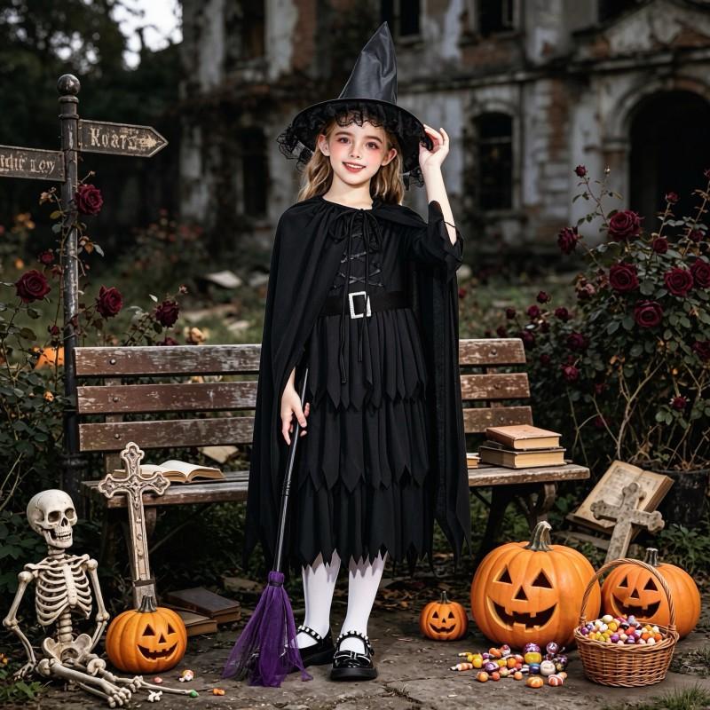 Halloween Witch Costume Girls Dark Gothic Dress With Cape Belt Hat Socks Broom Kids Cosplay Outfit