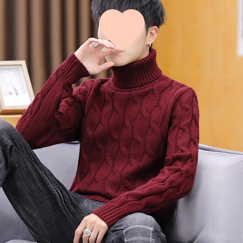 

Мужской облегающий свитер с высоким воротником на флисовой подкладке в корейском стиле - Теплый, толстый, однотонный вязаный пуловер для зимы 2XL 140-155 lbs