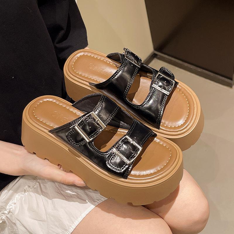 Fashion versatile platform shoes women's summer outer wear beach shoes retro double buckle with new one-word slippers