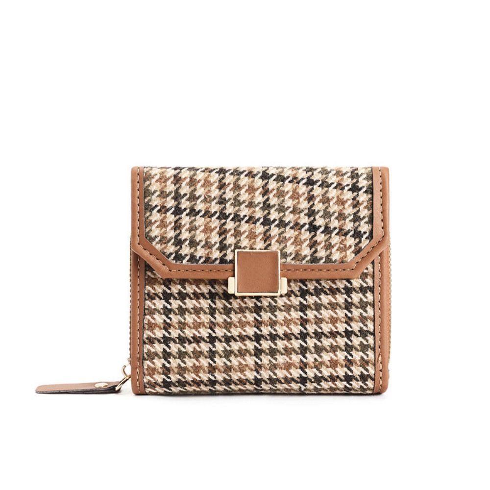 

Korean Style 2 in 1 Card Bag Multi-card Slot Zipper Coin Purse Houndstooth Short Wallet Women коричневий