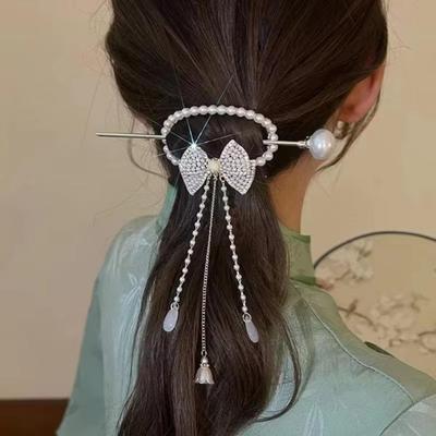 1 Pcs Women's Fashion Jewelry Headwear Vintage Rose Pearl Tassel Bow Hair Hairpin Chinese High-end Rhinestone Hair Accessory