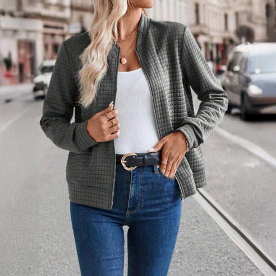 Women's Full Zip Up Jacket Long Sleeve Stand Collar Waffle Coat Casual Slim Fit Sweatshirt Fall Outerwear