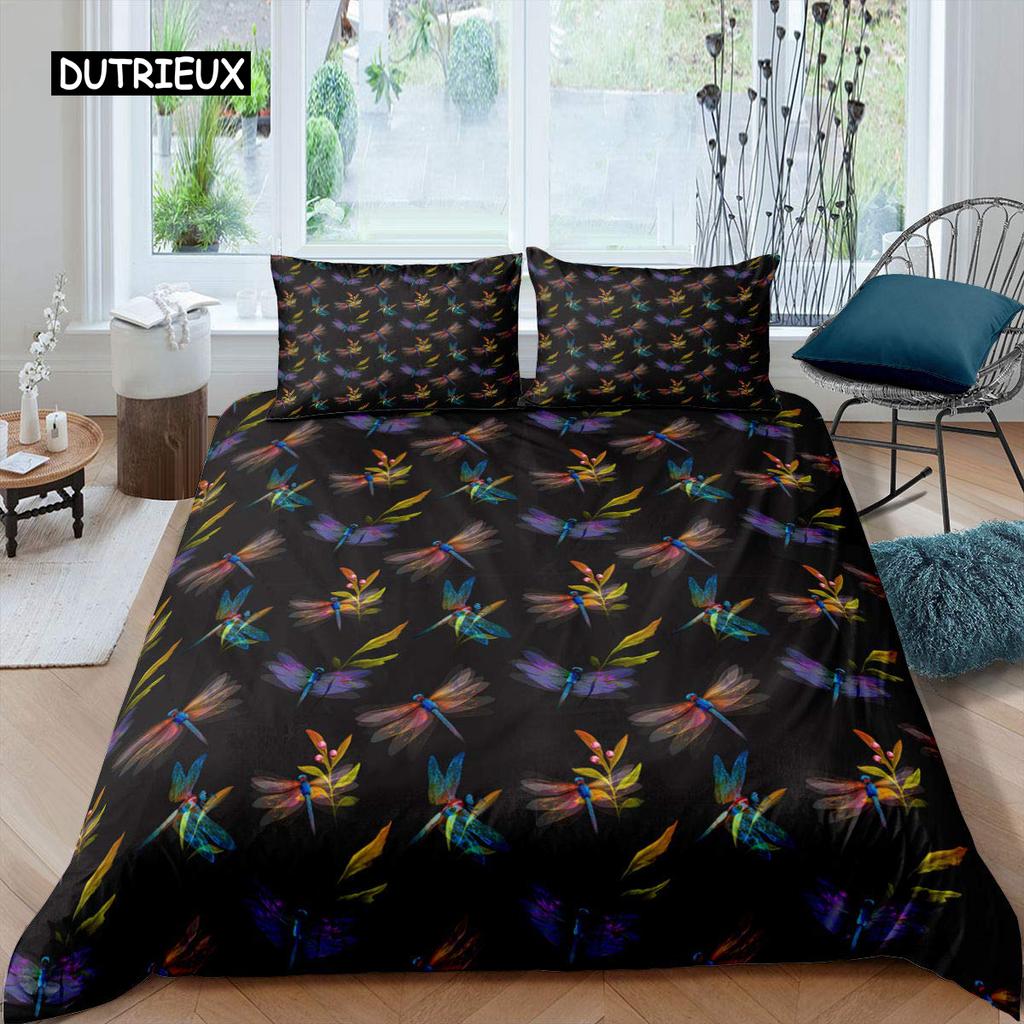Dragonfly Duvet Cover Set King Size Colorful Wing Bedding Set for Kids Teens Adult Forset Wild Animal Theme 2/3pcs Quilt Cover
