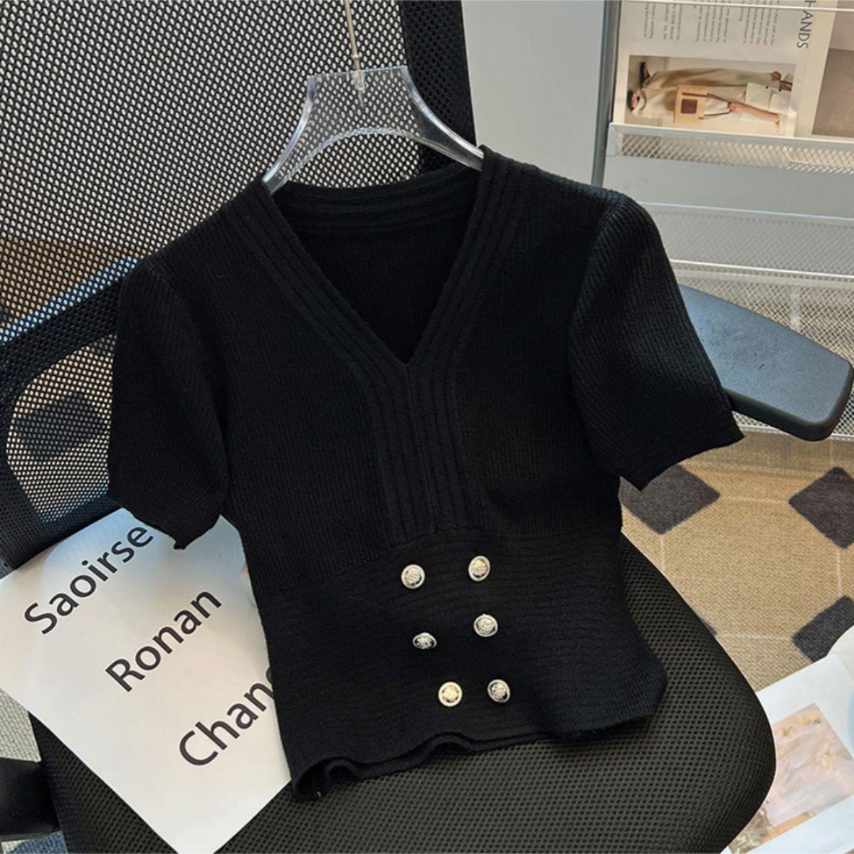 

Женский облегающий белый трикотажный топ с V-образным вырезом - С короткими рукавами, с акцентом на талии, сексуальный весенний стиль One Size Cardigan | Pullover