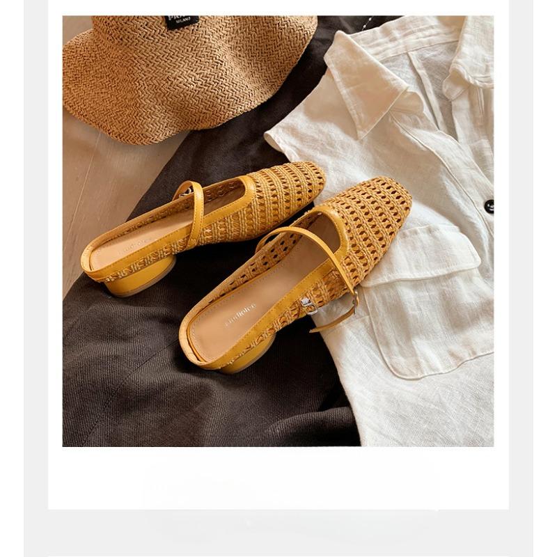 Women's Retro Woven Hollowed-out Square Toe One-shoulder Thick Heel Half-drag Shoes