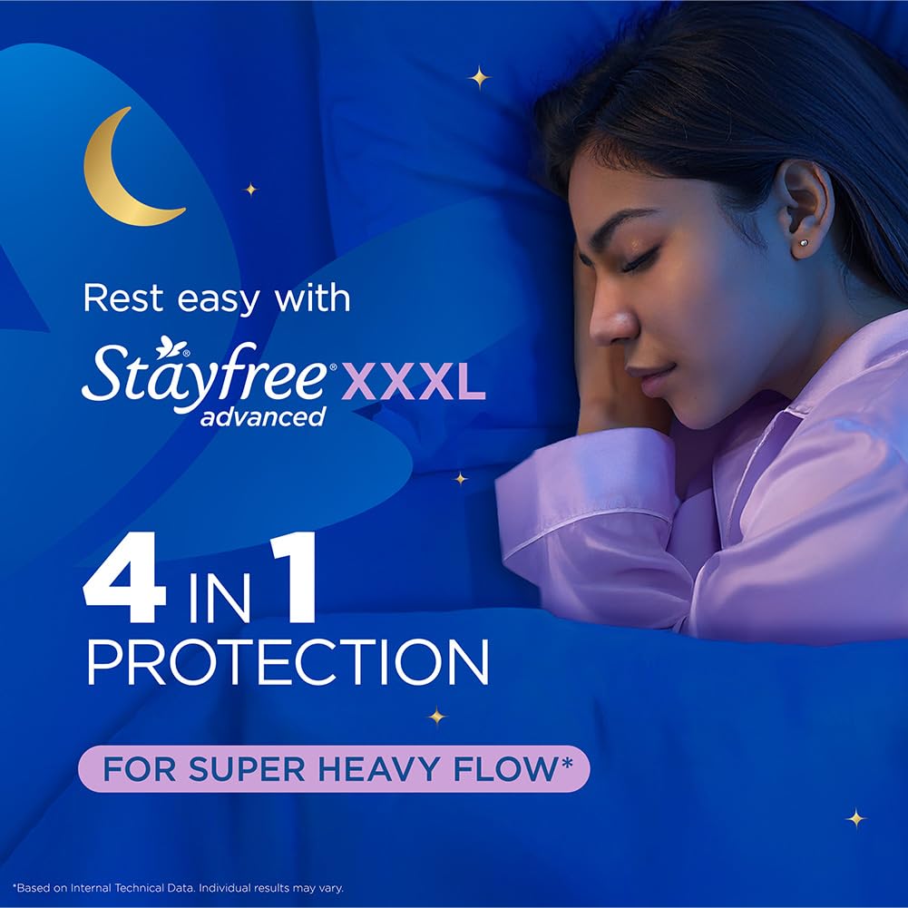 Stayfree Advanced XXXL Thin Sanitary Pads for Women | 16 Soft Cotton Pads for All Night Ultra Comfort | Absorbs 2x More with Wider Back | Prevent