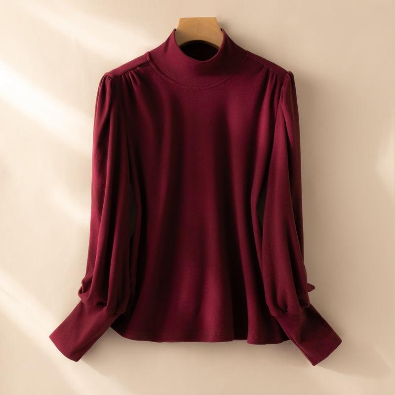 

Осенне-зимняя женская рубашка с высоким воротом и оборками на плечах, облегающий топ с длинными рукавами 2XL темно-красного