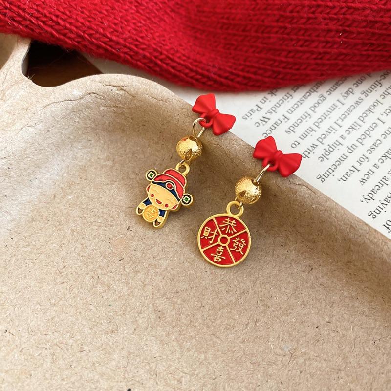 New Chinese style oil drip lion stud earrings New Year's festive fashion temperament earrings light luxury high-end earrings fashion