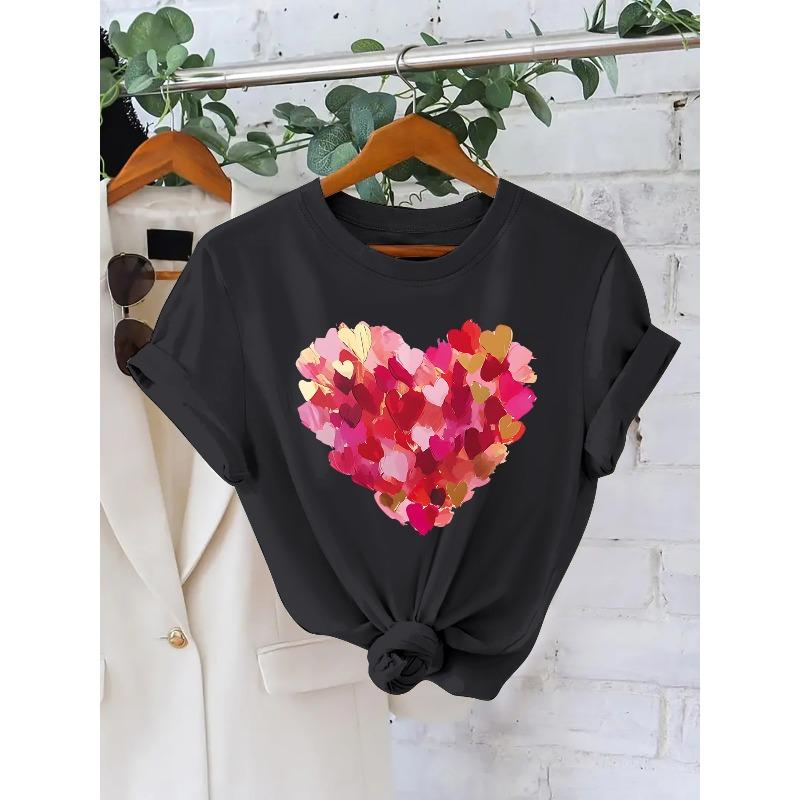 European Size Large Multi-Color Heart Pattern Women'S Fashion T-Shirt | 180g Crew Neck, Regular Length, Elegant Style, Summer Season