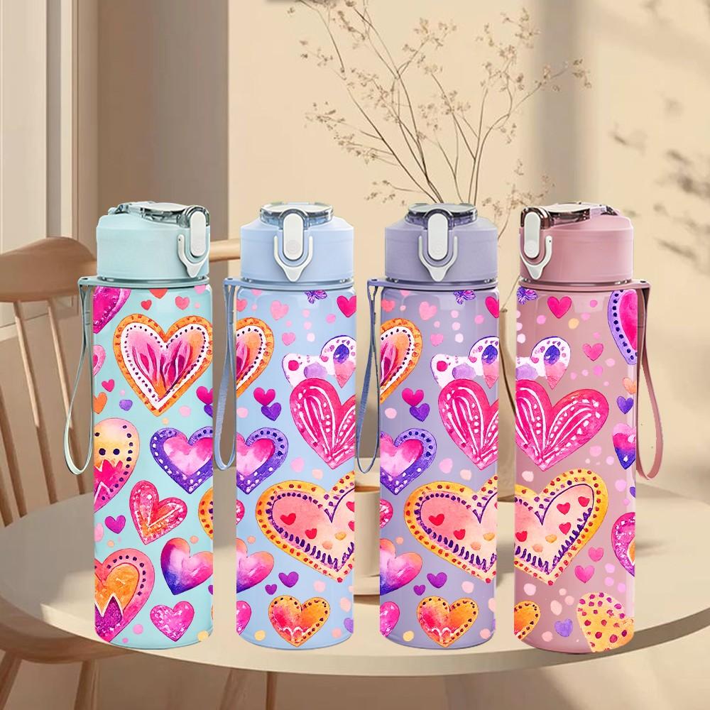 1PC Multi Color Heart Doodle Print 750ml Color Plastic Sports Water Bottle Leakproof Flip Straw Lid Suitable for Sports Office Home Use