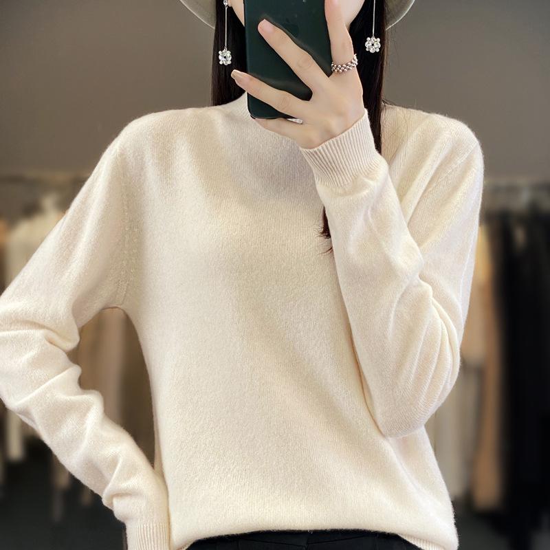 Women's Slimming Wool Sweater - Half High Neck, Long Sleeve, Loose Velvet Pullover, Versatile Knitwear for Autumn/Winter.