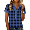 Women's Fashionable and Casual Summer V,neck Patchwork Short,sleeved Plaid Print Top