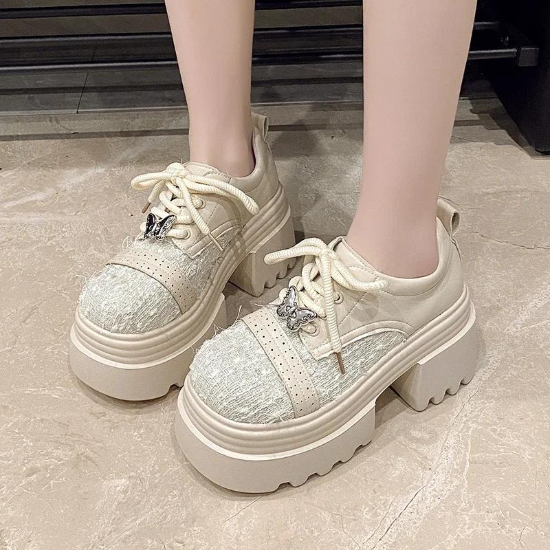 Fashion 9.5CM Spring Women Bling High Heels New 2025 Platform Casual Walking Shoes Non-slip Wedges Leather Chunky Sneakers Lace-up Pumps