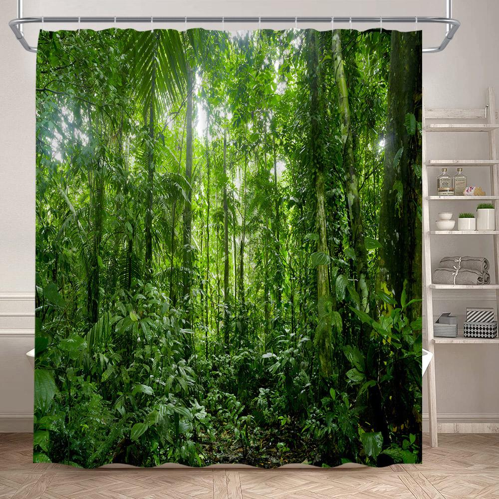 Forest Landscape Shower Curtains Tropical Jungle Palm Plants Waterfall Nature Scenery Fabric Bathroom Curtain Decor With Hooks
