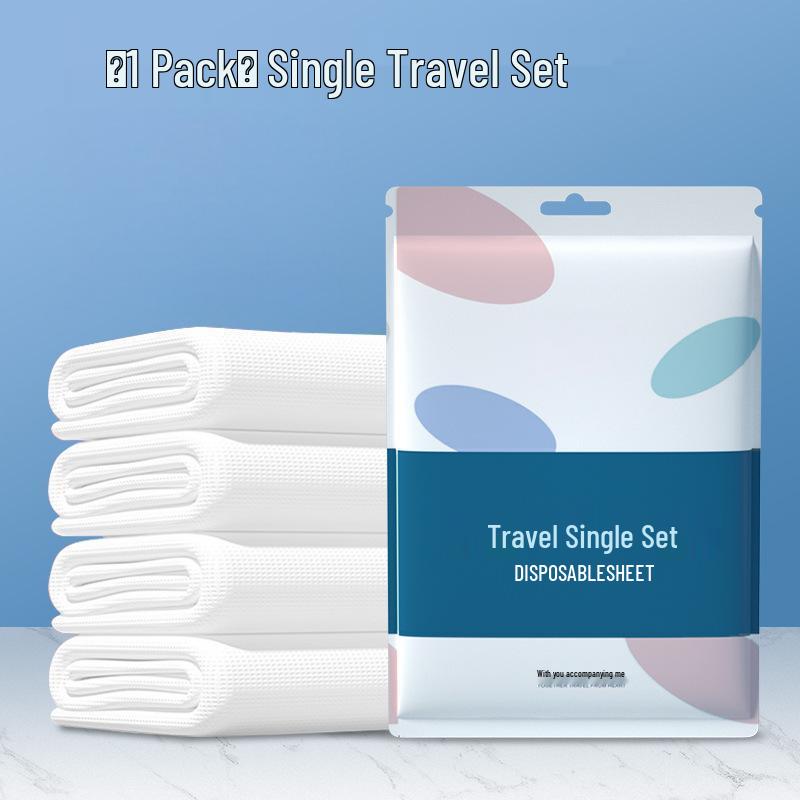 Travel-Sized Disposable Bedding Set: Sterilized 4-Piece Pack with Individually Wrapped Duvet Cover and Pillowcase for Train, Hotel, or B&B.