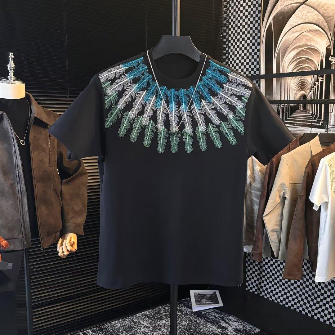 

Early Spring American Heavy Feather Heavy Industry Embroidery Round Neck Short-Sleeved T-Shirt For Men And Women With The Same Loose Trendy Brand 3XL чорний