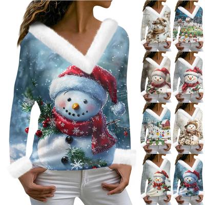 Damen T-Shirt Tee Weihnachtsshirt Langarm Party Weihnachtsdruck Fleecekragen V-Ausschnitt Top