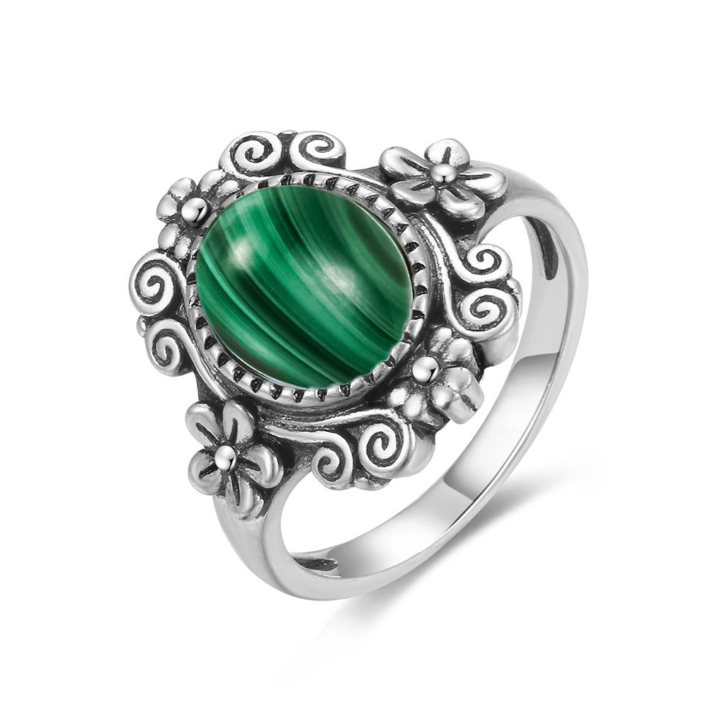 Vintage S925 Silver Ring Oval Round Natural Malachite Ring Sun And Flower Shaped Retro Fine Jewelry For Women Men