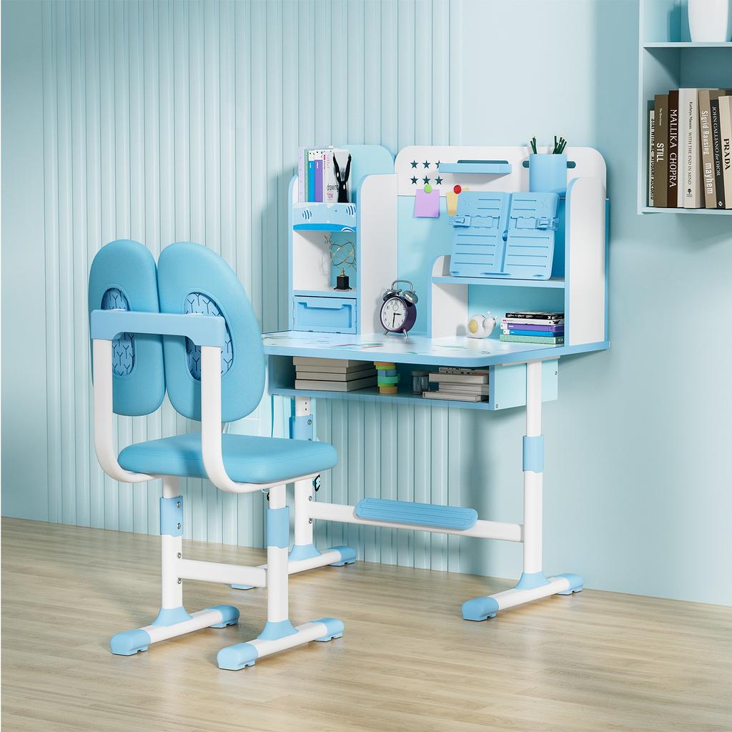 2Pcs Kids Study Desk Chair Set Height Adjustable Tiltable Desk And Chair School Study Desk And Chair Bedroom With Foot Pedal