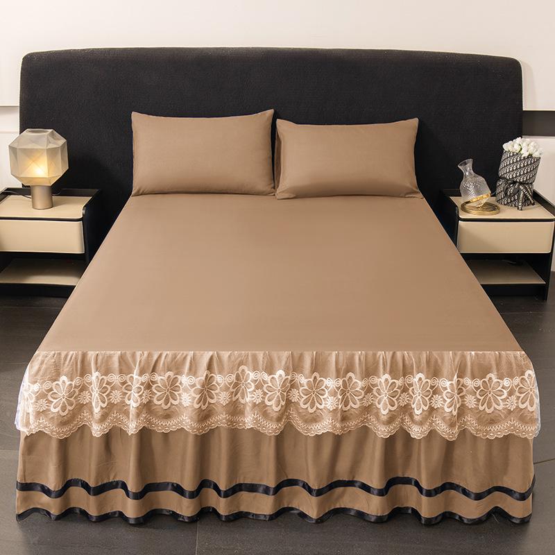 Brushed Double-Layer Solid Color Elastic Lace Ruffle Bed Skirt Full-Size Mattress Cover