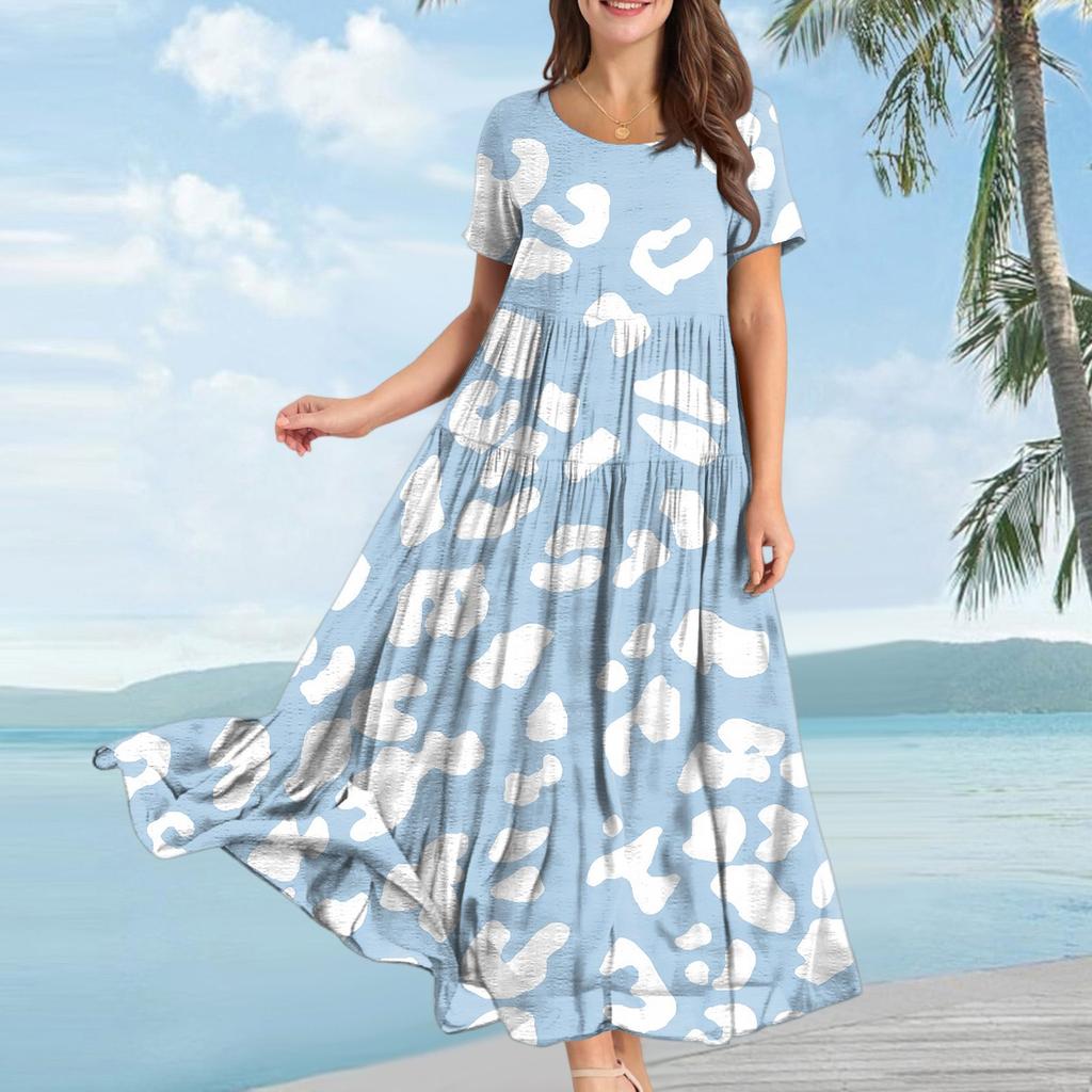 Women Casual Loose Bohemian Floral Dress Short Sleeve Long Maxi Summer Beach Swing Dress