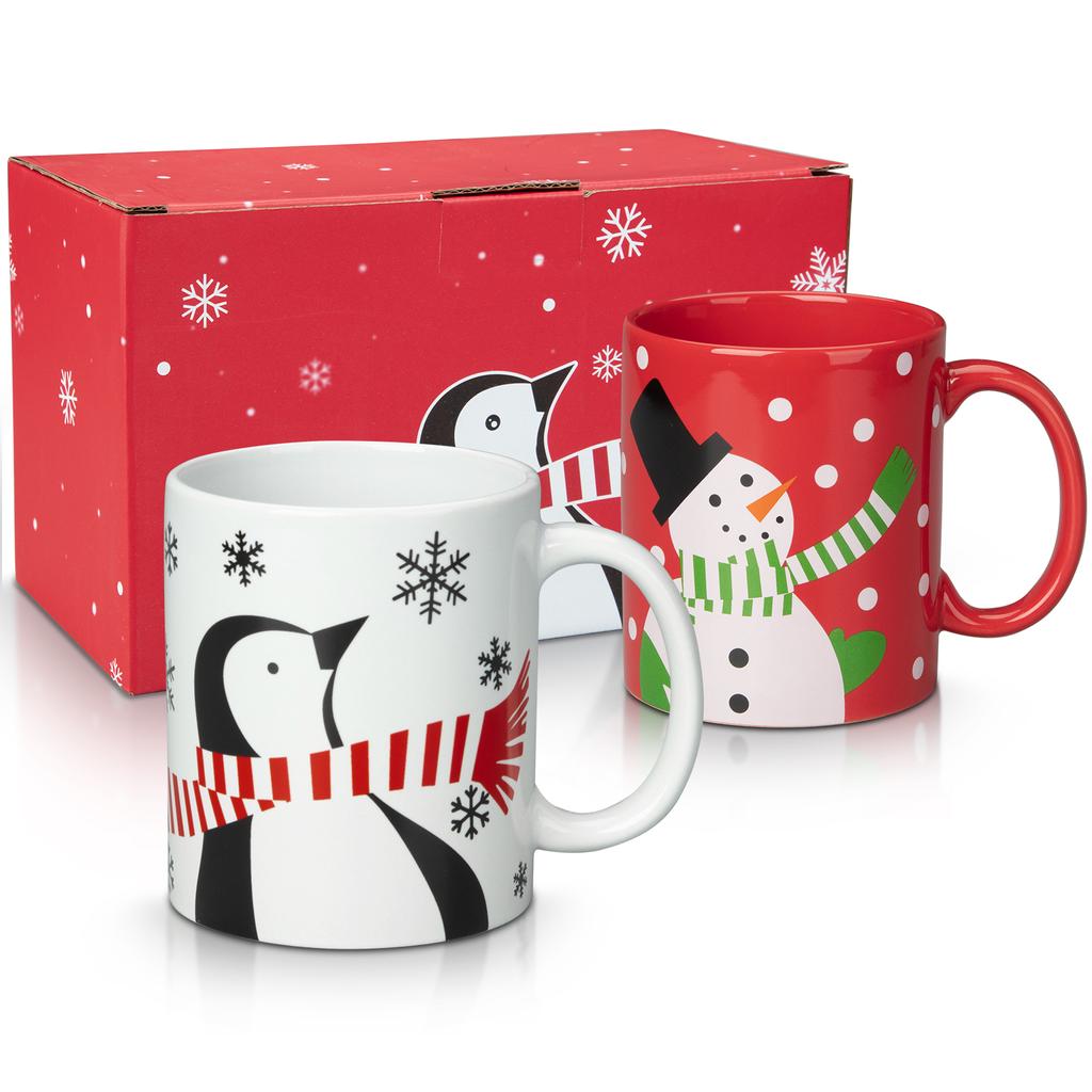 2 Pcs Ceramic Christmas Mugs, Premium Merry Christmas Gifts, 12 Oz Red and White Mugs with Handle, Microwave Safe for Coffee Tea