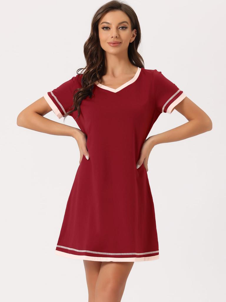 Short Sleeve Contrast Size S [cheibear] Women's Nightshirt, Color, V-Neck, Burgundy,
