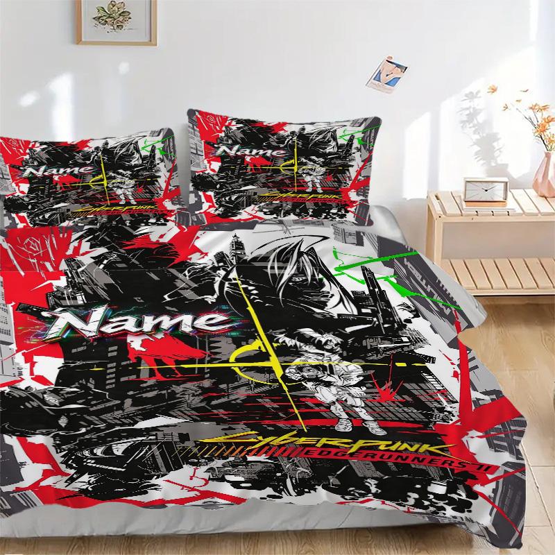 Custom Name Cyberpunk Edgerunners Bedding 3 Piece Set HD Print Duvet Cover Pillowcases for Teens Adult Bedroom Decoration Christmas Gift