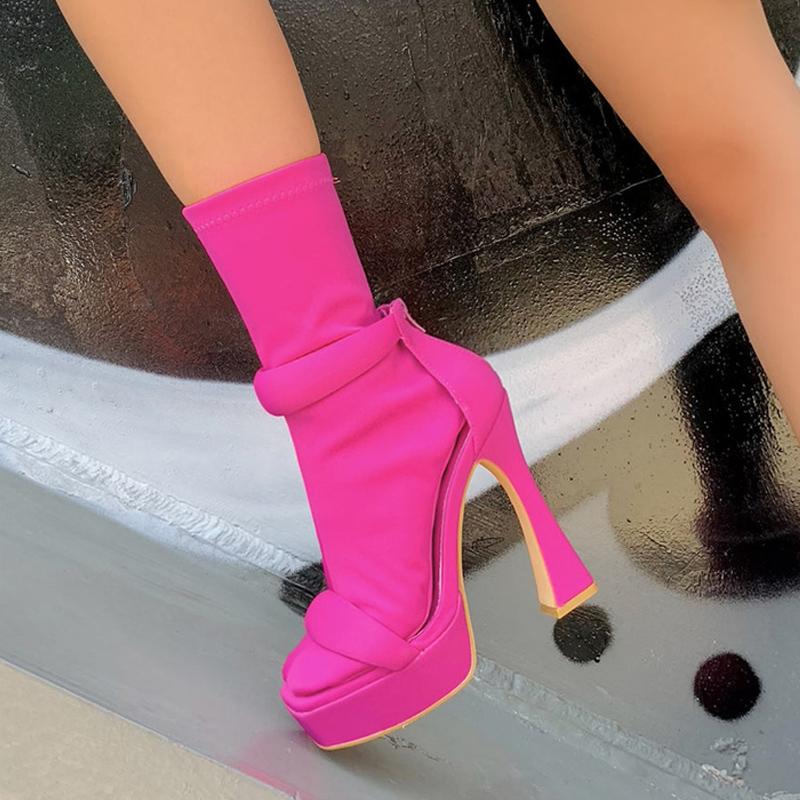 Merkelige Høye Hæler Sexy Chunky Sandaler Dame Plattform Firkantet Tå Ankel-Wrap Glidelås Strippersko Kvinner Blå