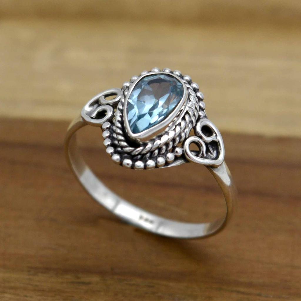 Blue Topaz  925 Sterling Silver  Ring, Pear Gemstone Handamde Women Ring Jewelry