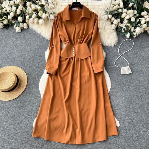 Aibeautyer nuevo Vintage Primavera Verano sólido ajustado botón vestido completo de señora una línea cuello vuelto gasa pulóver vestidos de mujer