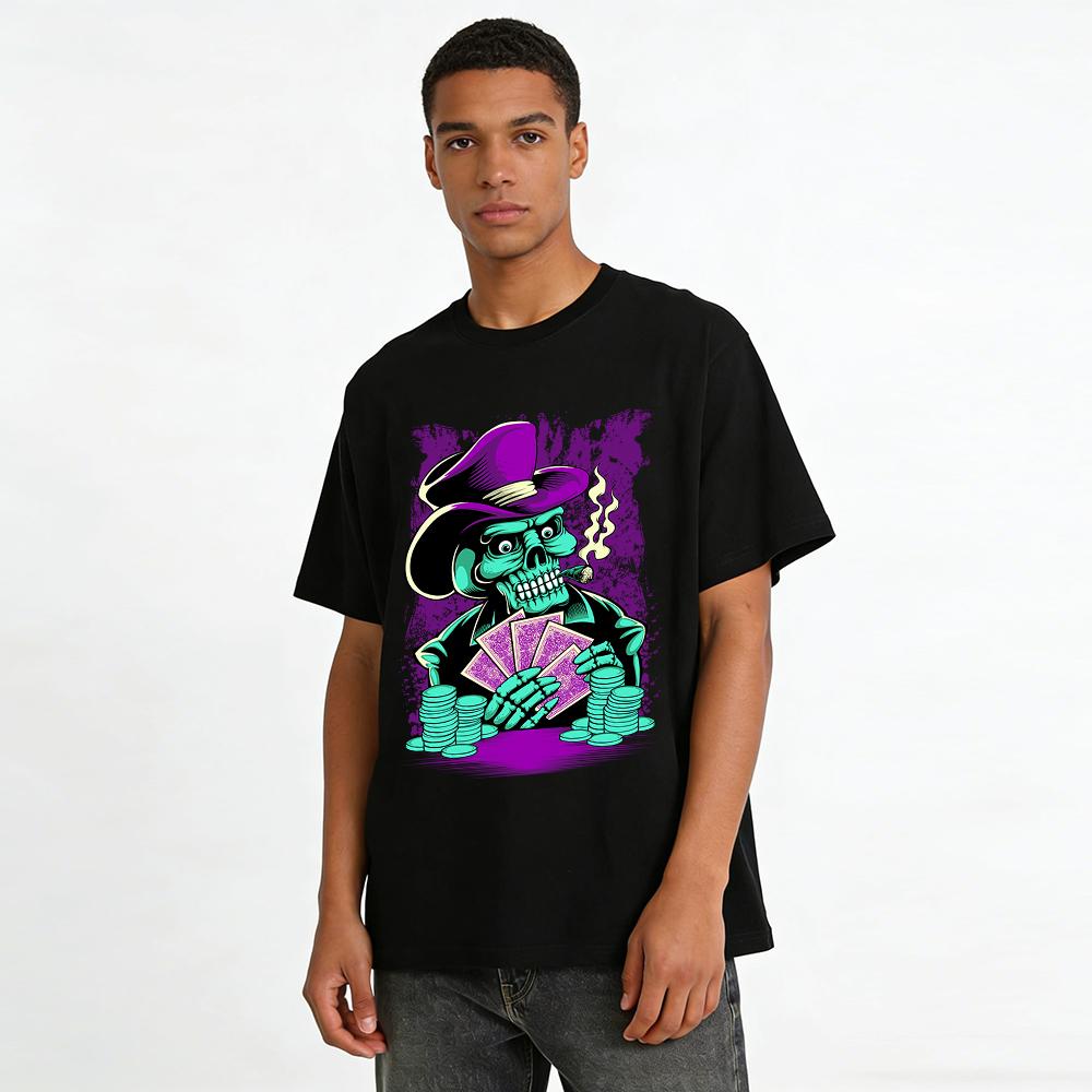 Skeleton Gambler Print Trendy T-shirt Vintage Street Casual Top Pure Cotton T-shirt