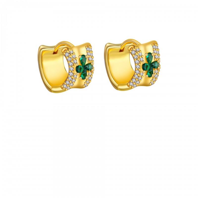 Elegant Four-Leaf Clover Stud Earrings Women Sterling Post 18K Gold Plated With Green Crystal Accents Minimalist Gold-plated - Green Crystal