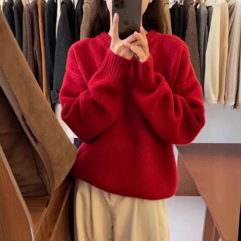 Red raccoon velvet crew neck pullover sweater women's autumn and winter senior sense lazy wind loose knitted sweater top