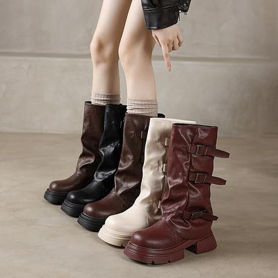 Femmes 2024 Nouvelles Bottes Mi-mollet à Petits Talons à Semelles Épaisses Style Britannique Bottes Pantalons Augmentées pour Femmes