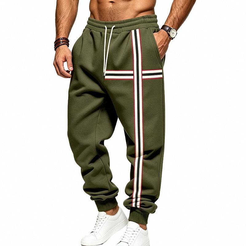 Men Stripe Jogger Sweatpants, Elastic Drawstring Waist Stripe Thigh Panel Side Hand Pockets Ribbed Ankle Cuffs Soft Fleece‑Lined Casual Trousers