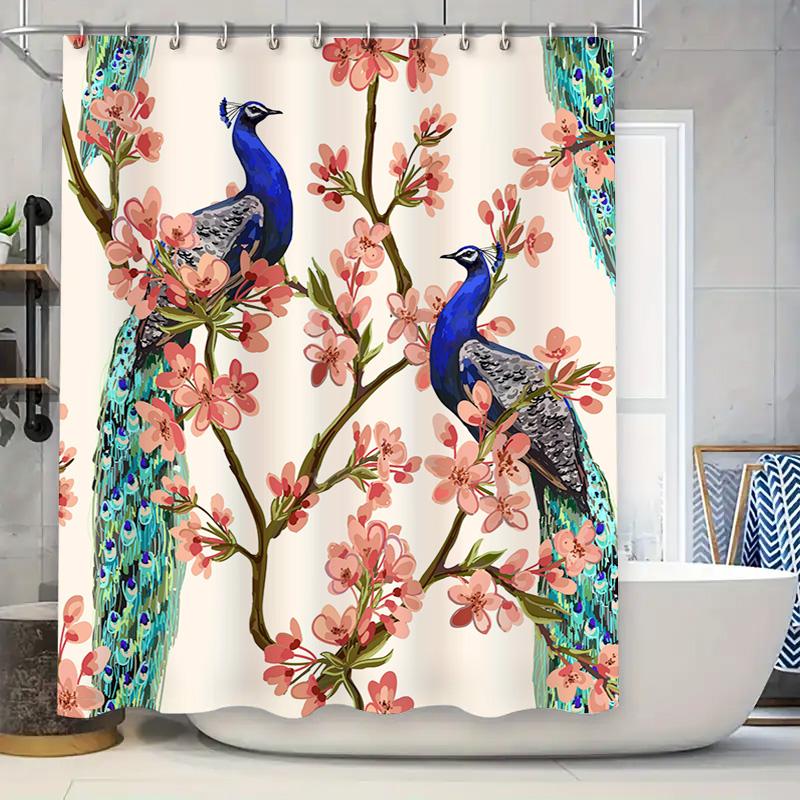 

Peacock Cherry Blossom Shower Curtain Blue Peafowl Floral Print Home Decor Bathroom Waterproof Fabric C16938752047 W60H190(CM)-1 Pcs