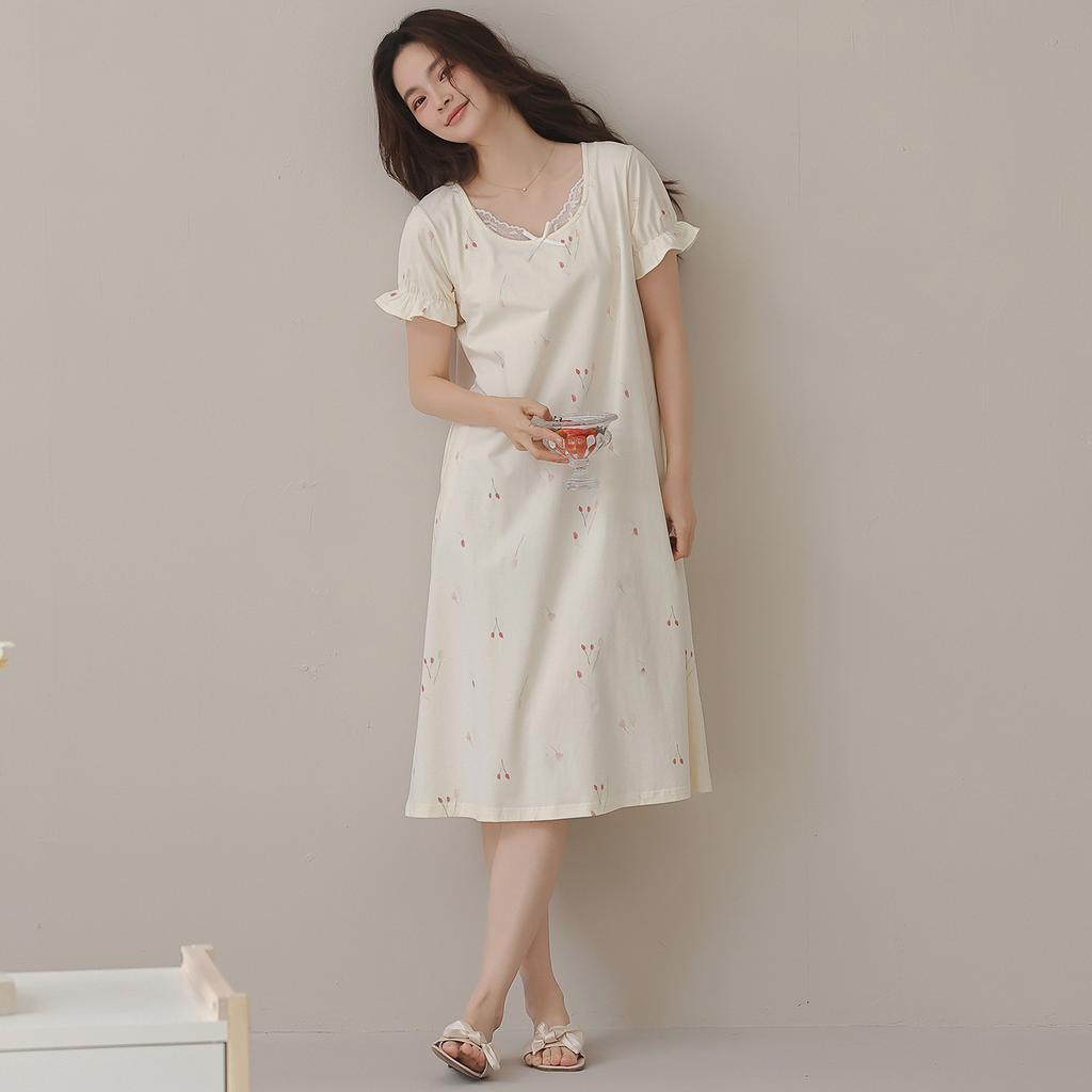 Summer Modal Short-sleeved Nightgown Women's Loose, Sweet and High-end Sense Can Be Worn Outside Medium and Long Over the Knee New Loungewear