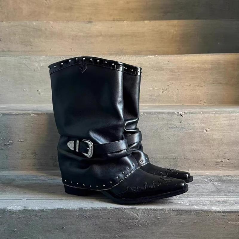 

Cowhide version~ retro rivet Martin boots pointed mid-tube pants tube boots women s fried street thick heel versatile fashion knight boots 35