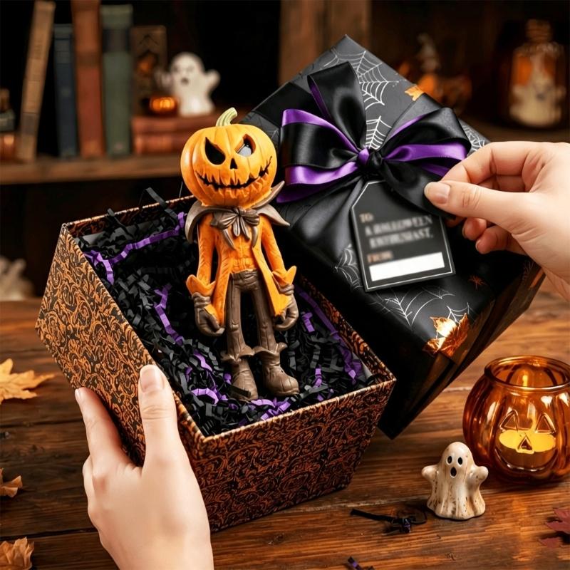 Resin Halloween Pumpkin Man Figurine with Painted Detail, Collectible Statue for Tabletop Decors, Mantels Entryway Desk Fall Styling