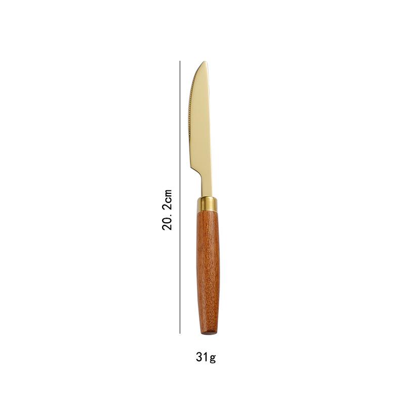 Cylindrical Wood Handle 304 Stainless Steel Cutlery Set: Knife, Fork, Spoon for Main Course & Dessert