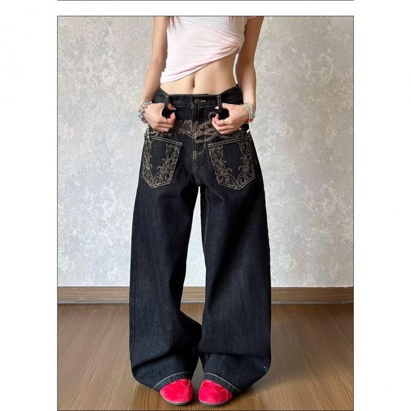 Black High-Waisted Wide-Leg Denim Pants Water Washed Loose Straight Fit Casual Jeans Men