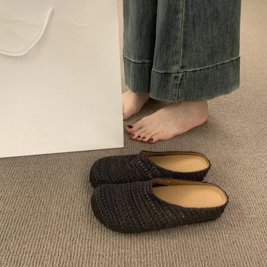 French Niche Hand-woven Hollow Breathable Bag Head Half Slippers Women's Summer Wear Roman Style Thick-soled Muller Shoes